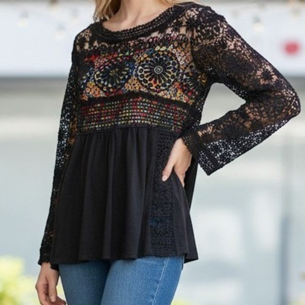 Sundance Crochet Lace Blouse Womens Small Black Excellent Long Sleeve Boho